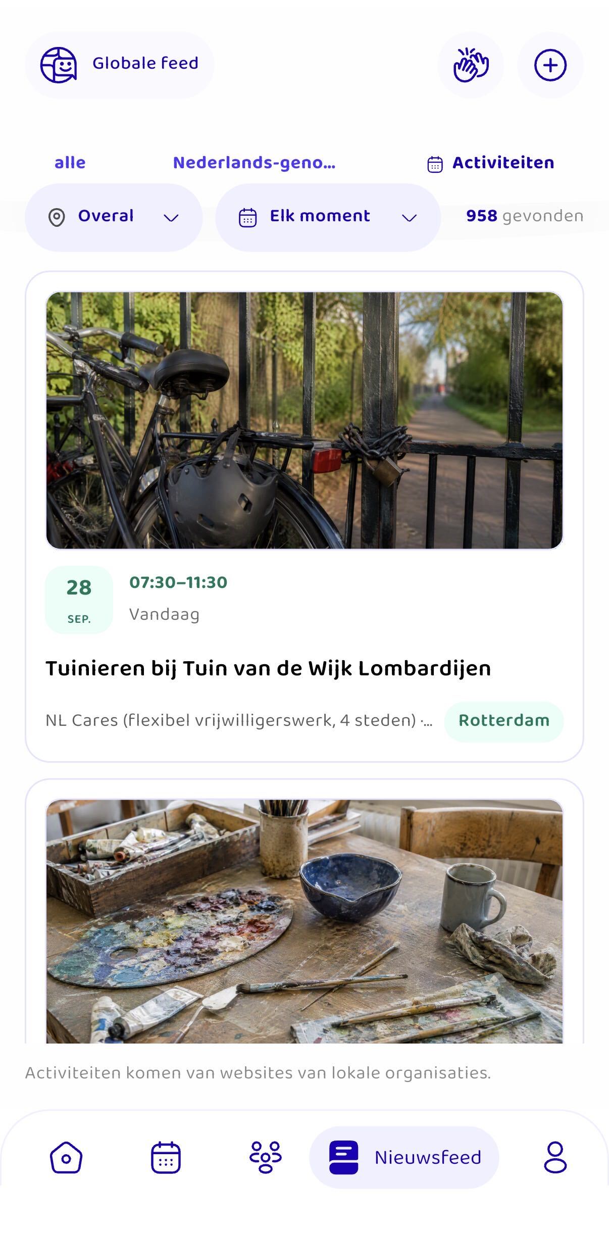 Activities feed in the Taaly app